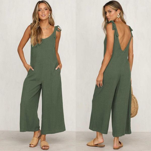 

backless overalls trousers jumpsuit women summer loose sleeveless o neck casual wide leg pants 4 color s-xl1, Black;white