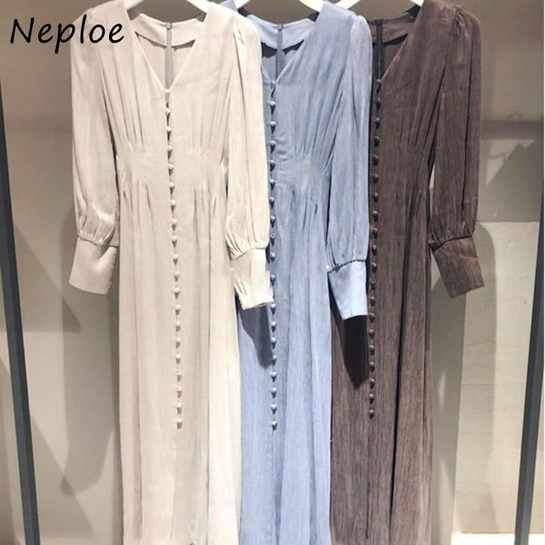 

neploe elegant vintage solid color v-neck single breasted dress 2020 autumn new fashion vestidos slim waist dresses women, Black;gray