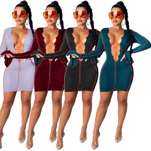 

autumn and winter 2020 new women fashion slim medium skirt ears long sleeve pit stripe solid color bandage designer multi color dresses, White;black