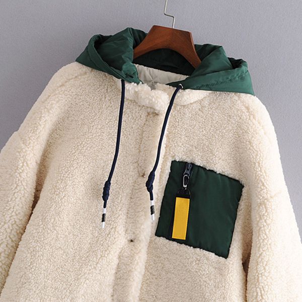

stylish chic patchwork fleece jackets women fashion winter thick hooded lambswool coats casual girls long sleeve outerwear lj201202, Black