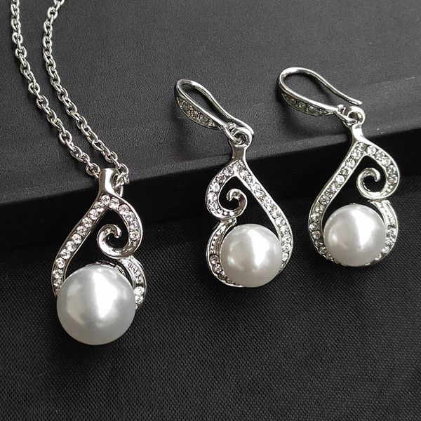 

pearl and diamond necklace earring set bride silver jewelry set 2 pieces