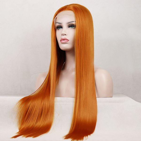 

copper red middle part lace front wig for women party baby hair heat resistant synthetic hair wigs colored orange, Black;brown