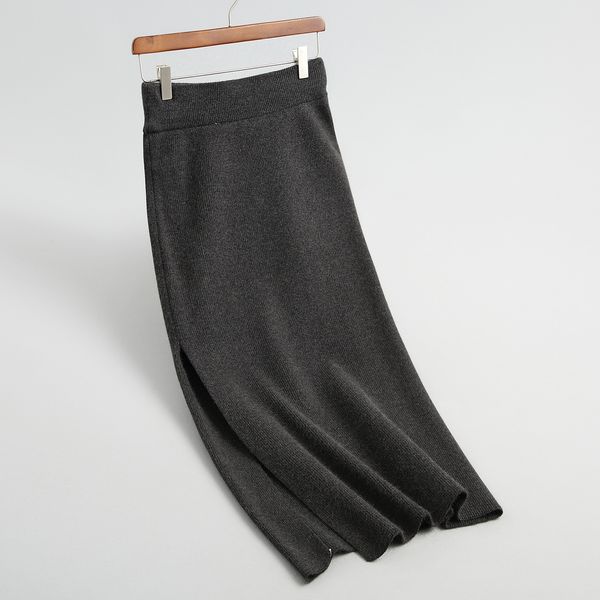 

2021 new high waist knitted casual midi bodycon pure color women white skirt jupe femme saia acr9, Black