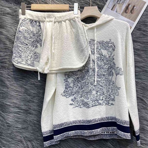 

home knitted embroidery hoodie suit loose lazy plus high waist letter shorts 2022 new, White;black