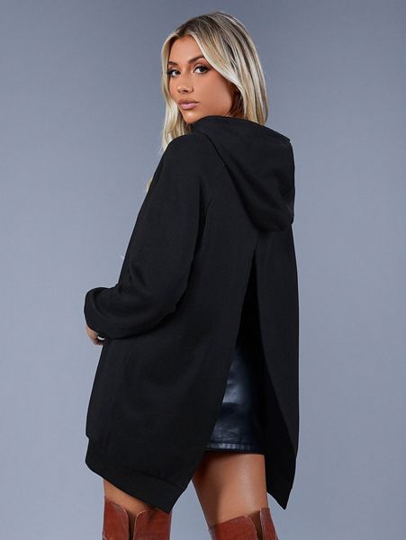 

solid drawstring raglan sleeve split back hoodie x9jr#, White;black