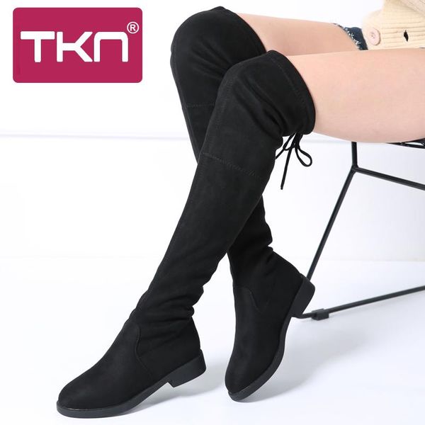 

ткн зимы женщин сексуальный над коленом сапоги замша faux теплые плюшевые сапоги узелок высокой пятки платформы обувь женщина снег 6523, Black