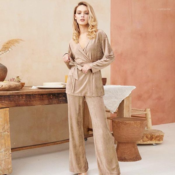 

hiloc khaki velvet robe sets winter long sleeve suit sets sashes warm knit pajamas loose boot cut plain home wear night1, Black;red