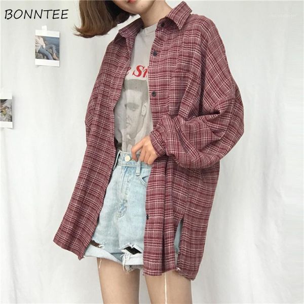 

shirts women single-breasted turn-down collar long sleeve oversize students plaid leisure all-match womens loose new blouse1, White