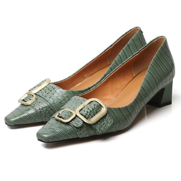 

2021 new spring genuine female leather heels finger black green shoes woman party lady 40 pf87