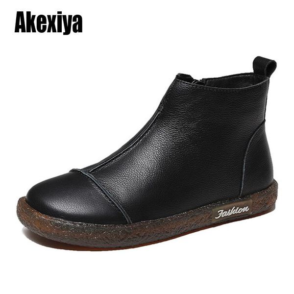 

autumn winter genuine leather flat ankle boots for women warm boots side zipper soft comfortable cow leather u935, Black