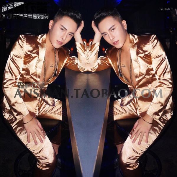 

men's suits & blazers large size men singer costume personality trend slim gold fashion prescription dress nightclub dj clothes1, White;black
