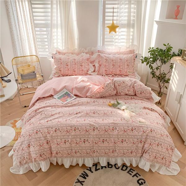 

korean princess style 100% cotton bohemia floral printing bedding set ruffle twin  king duvet cover bed sheet pillowcases