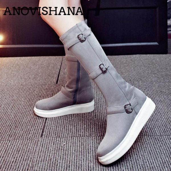 

anovishana warm mid calf snow boots women winter boots female zipper boot buckle shoes woman botas footwear bota feminina d424, Black