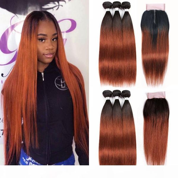 

dark auburn human hair weave 3 bundles with 4*4 lace closure 1b 33 straight ombre brazilian virgin hair pre-colored non-remy hair, Black;brown