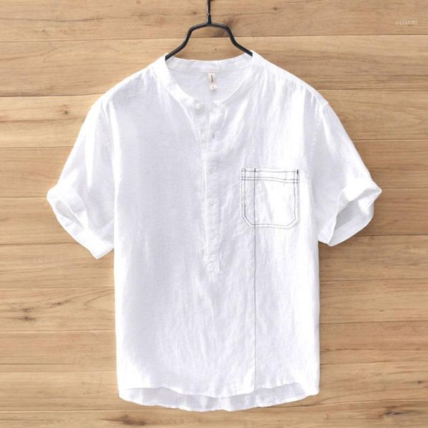 

2020 summer men's chinese style pullover 100% linen shirt short sleeve solid color casual shirt collar fashion tee1, White;black