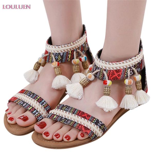 

louluen 2020 sandals ladies fashion bohemian rhinestone sandals ethnic wind roman flat zip shoes plus size 35- 42 drop #0521, Black