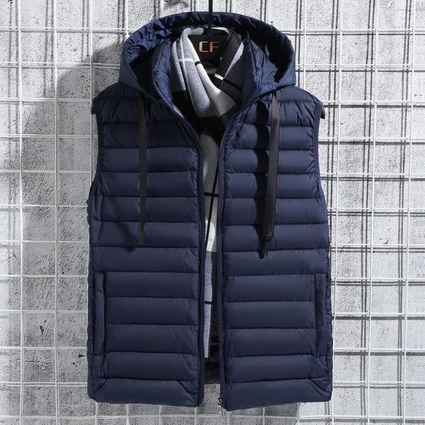 

2020 new hooded thicken vest men winter hat detachable warm cotton-padded hooded solid color casual waistcoat plus size 4xl1, Black;white