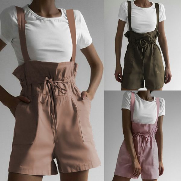 

2019 casual high waist pocket strap shorts jumpsuit, White;black