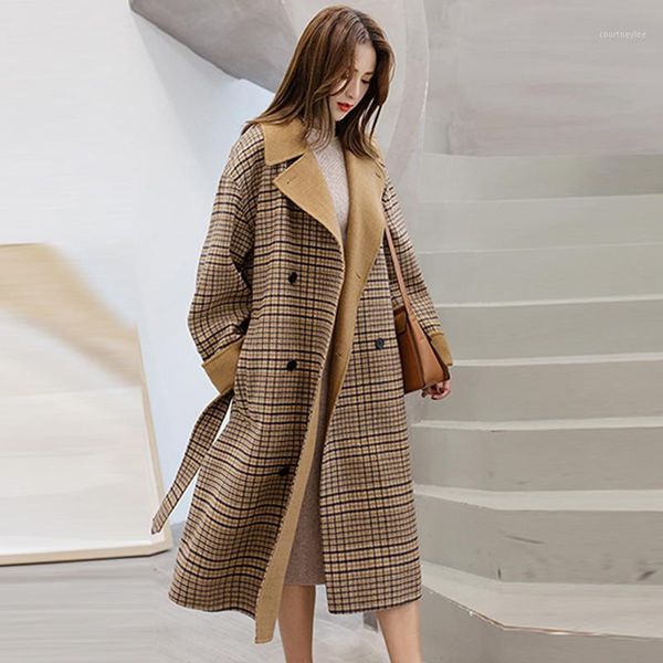 

plaid wool blends coats women 2020 new outerwear winter and autumn clothing fashion warm female elegant long korean woolen coat1, Black