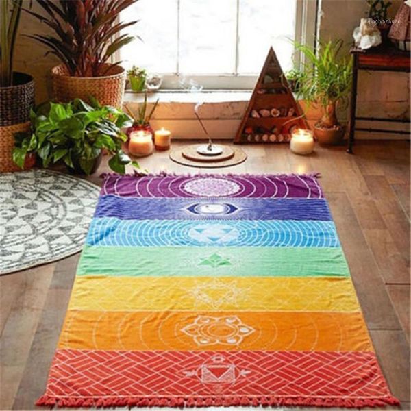 

rainbow chakra tapestry wall hanging towel yoga beach shawl blanket fashion1