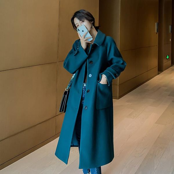 

women's wool & blends korean winter coat women solid long sleeve coats and jackets woolen elegant trench for plus size xxl, Black