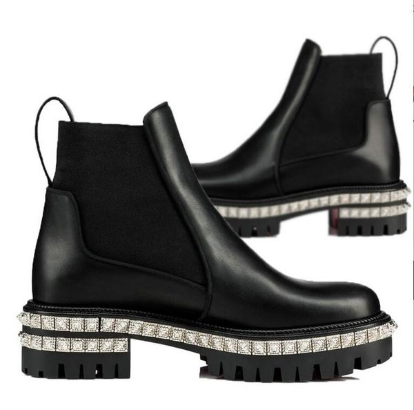 

luxurious designer winter plain toe fashion rivets red bottom leather sneakers women high sneaker ankle boots eu size 35-42, Black