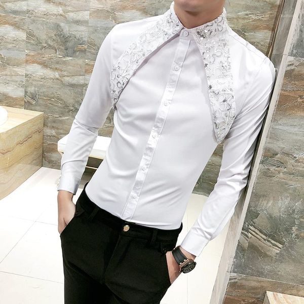 

men's luxury fashion glitter sequin slim shirts long sleeve wedding party men shirt dinner prom costume1, White;black
