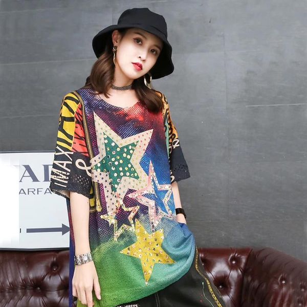 

hip hop style pentagram printed knitted pullover 2021 summer korea fashion sequins loose bronzing sweater tide, White;black