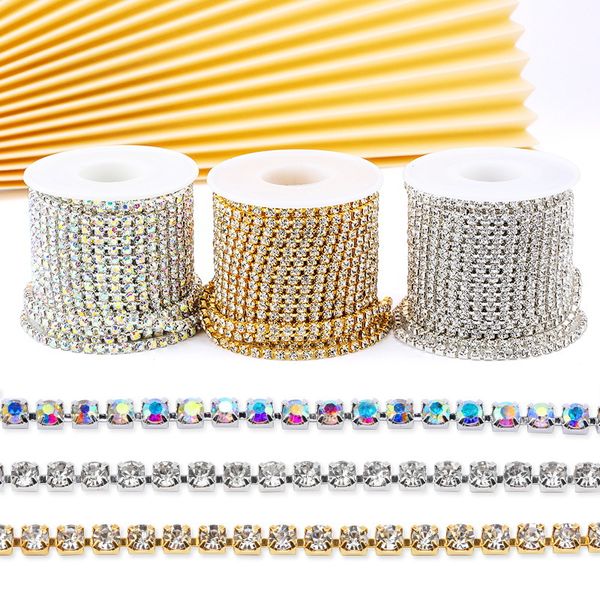 Parti Dekorasyon Sparkly Rhinestone Kristal AB Kupası Zincir Düz Geri Dikmek Tutkal Trim DIY Gelin Düğün Malzemeleri 10 M / Rulo