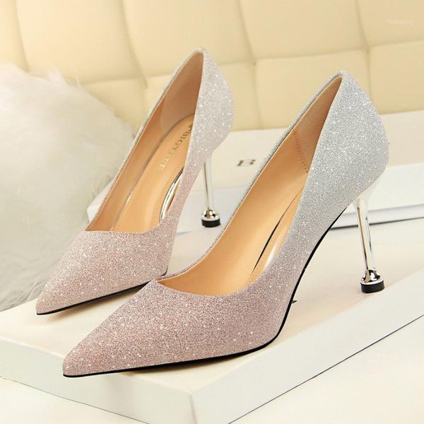 

bigtree shining women pumps extrem fashion stiletto high heel shallow mouth pointed shiny color gradient wedding shoes1, Black;white