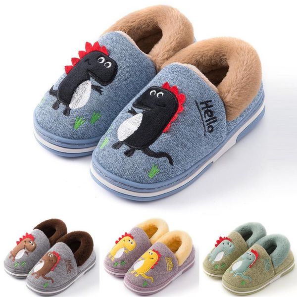 

children kids baby girls boys indoor dinosaur flock winter warm casual shoes animal prints slip-on flock anti-slip slippers home