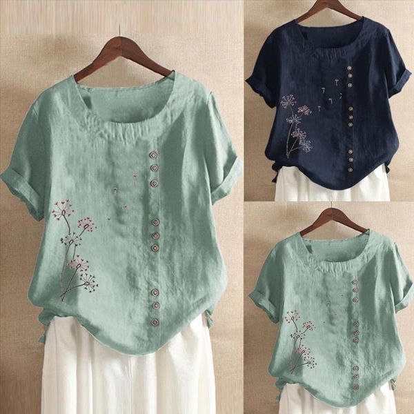 

feitong women blouse casual plus size o neck short sleeve girl and dog printed loose button tunic shirt blouse, White