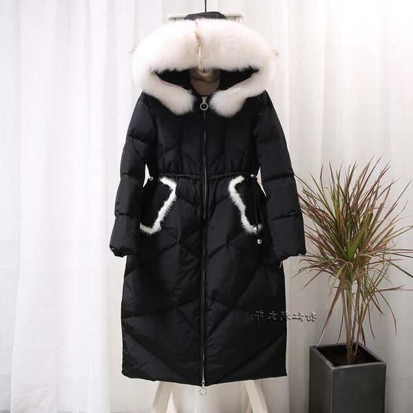 

duck down jacket, women long winter hooded fur collar coat, korean women's jackets, jaqueta feminina, Black