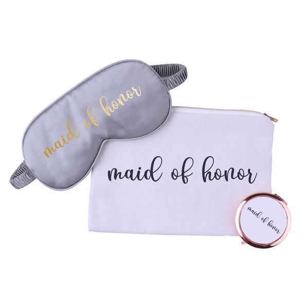 

bag with makeup 3-in-one bridesmaid sleep set mask compact mirror bachelorette bridal party gift