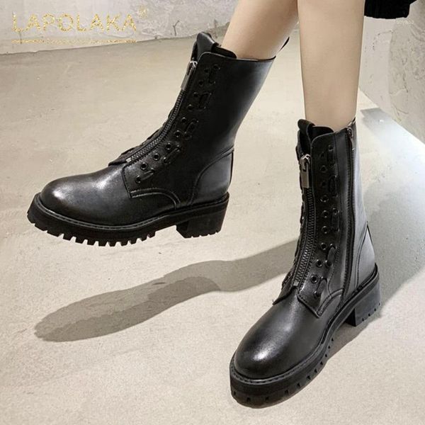 

lapolaka 2020 square heels comfortable shoes ladies boots female zip up platform concise ins boots woman shoes1, Black