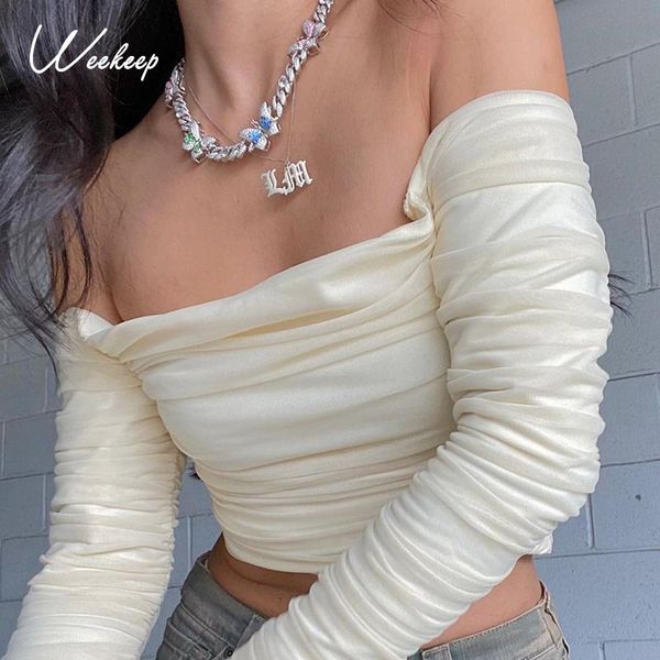 

women's t-shirt weekeep vintage ruched crop slash neck autumn long sleeve tshirt women streetwear party solid frills tee shirts, White