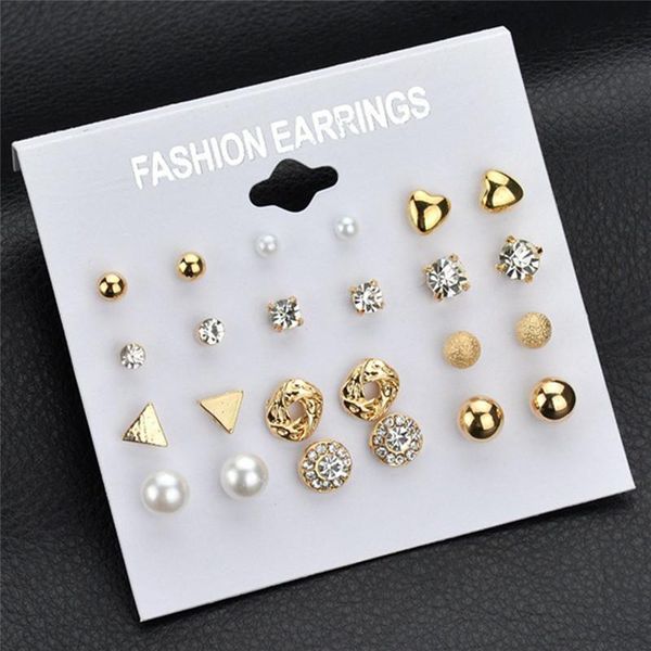 

12 pairs/sets stud earring fashion classic round square ball crystal earrings sets for women s cute earring, Golden;silver