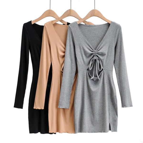 

2020 autumn new v-neck mid waist drawstring long sleeve dress, Black;gray