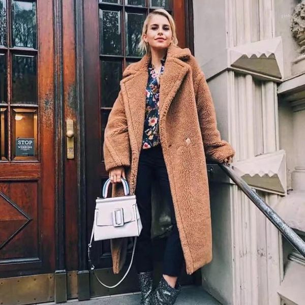 

casual women teddy bear long coat female faux fur long warm thick winter coat ladies turn down collar loose outwear highway1, Black