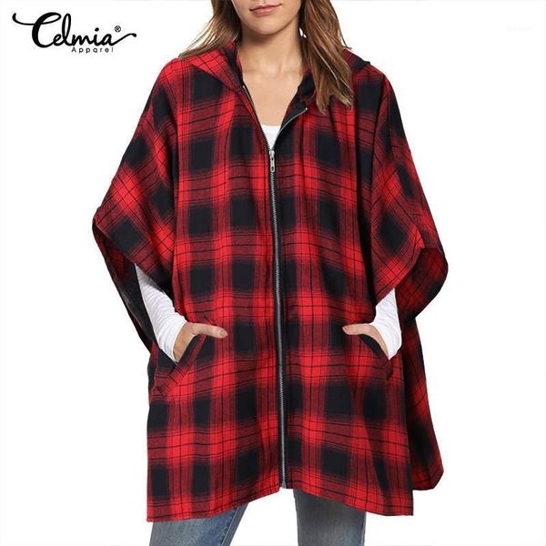 

celmia oversized women hoodes coats 2021 autumn fashion vintage bat sleeve plaid hoodies outerwear casual loose zipper jackets1, Black;brown