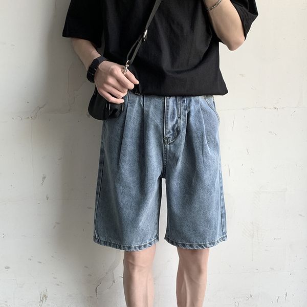 

men's wear jeans and jeansshorts and jeans2020 summer new men's jeans capris loose solid color straight pants trend casual shorts, Blue