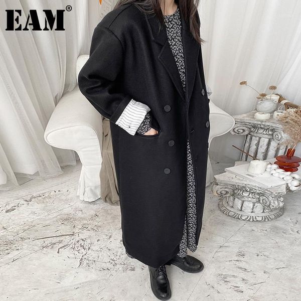 

eam] loose fit big size black woolen coat parkas new notched collar long sleeve women fashion tide autumn winter 2021 1dd40251