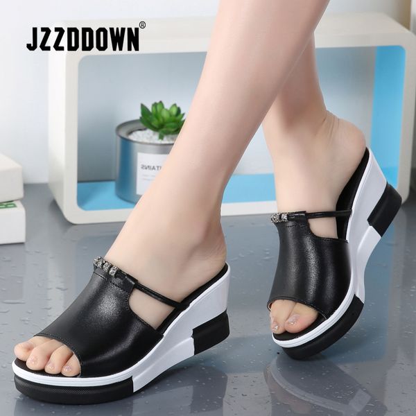 

summer women platform slippers slides sandals shoes woman slip on open toe flip flop white genuine leather wedge beach sandals x1020, Black