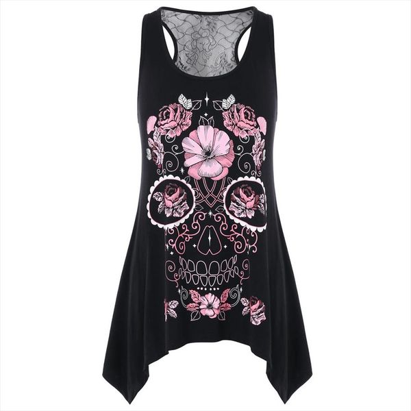 

womens fashion flowered skull printed crop women lace back tank o neck blouse vest halter ropa verano mujer 2020, White
