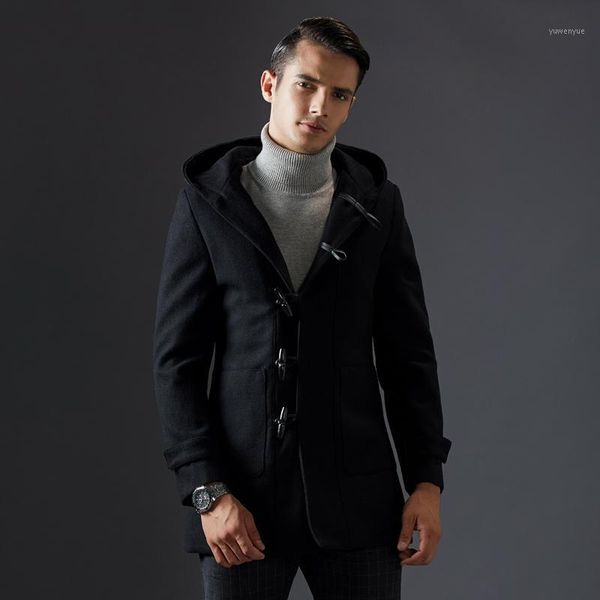 

autumn winter british style men's wool coat new horn button long trench coat brand clothing hooded woolen men1, Black