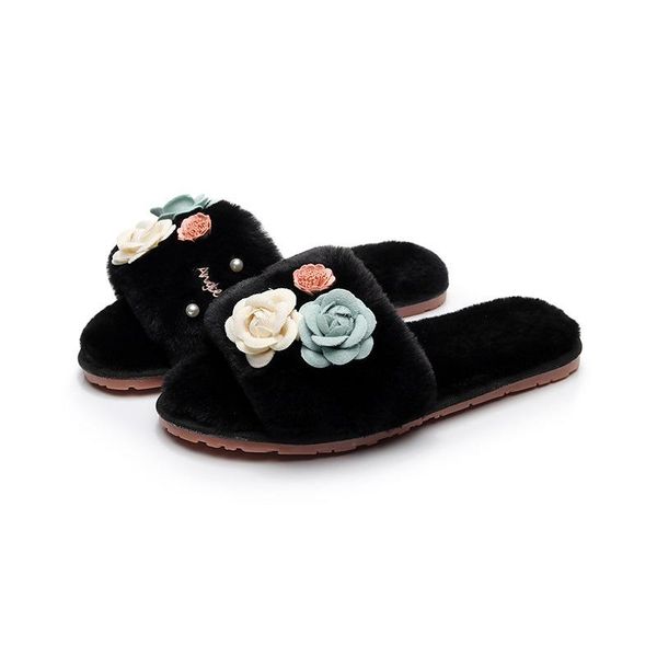 

slippers drop 2021 handmade women creepers flats loafers shoes flip flops cozy fluffy fur ladies, Black