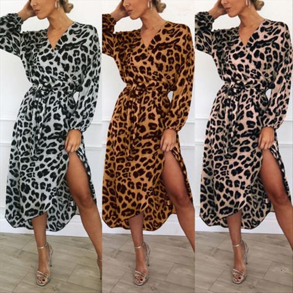 

women chic wrap leopard printed boho long maxi dress casual bodycon long sleeve v neck loose club wear dresses designer clothes, Black;gray