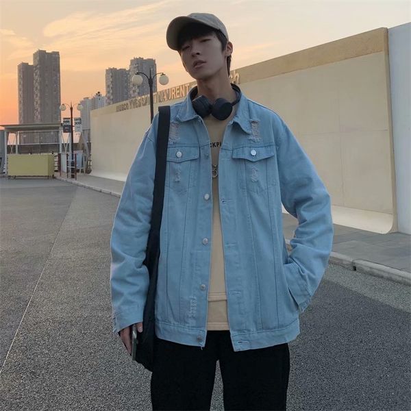 

light blue denim coat men's fashion brand ins hole loose jacket korean autumn and winter student leisure nostalgic top, Black;brown