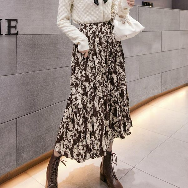

autumn ink printed a-line pleated long skirts spring crepe long skirts, Black