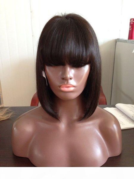 

full lace human hair bob wigs with bangs glueless short full lace front human hair wigs christmas sale directly use, Black;brown